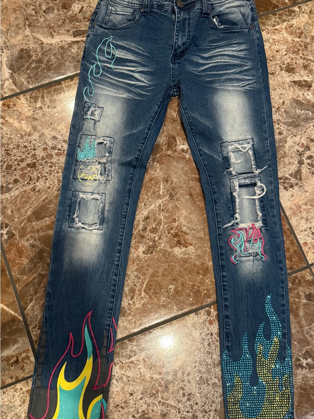 Dark Blue Embroidered Flame Skinny Jeans